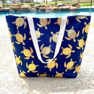 Blue Gold Foil Sea Turtle Canvas Summer Beach Tote Bag 20" x 15"